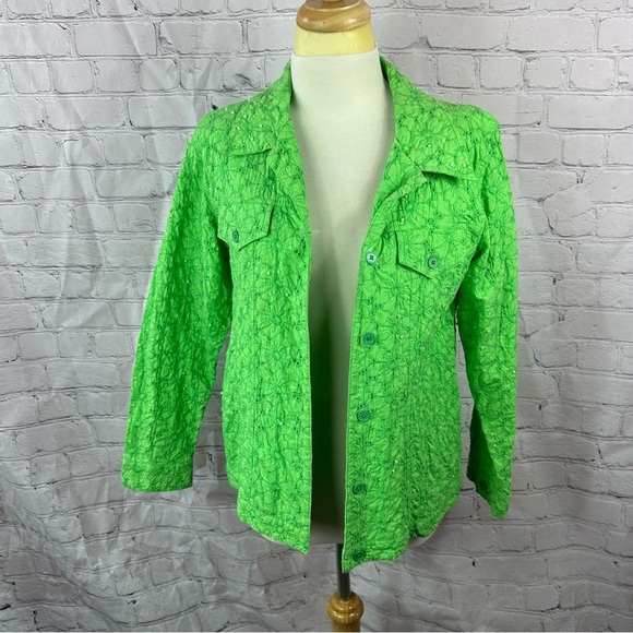 quacker factory Bright Green embroidered cotton Jacket sz medium - Picture 1 of 8